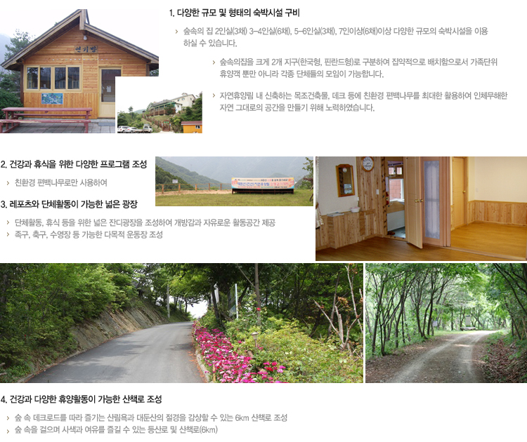 1. 다양한 규모 및 형태의 숙박시설 구비
숲속의 집 2인실(3채) 3~4인실(6채), 5~6인실(3채) 7인이상(6채)이상 다양한 규모의 숙박시설을 이용하실수있습니다.
숲속의집을 크게 2개 지구(한국형, 핀란드형)로 구분하여 집약적으로 배치함으로서 가족단위 휴양객 뿐만 아니라 각종 단체들의 모임이 가능합니다.
자연휴양림 내 신축하는 목조건축물, 데크 등에 친환경 편백나무를 최대한 활용하여 인체무해한 자연 그대로의 공간을 만들기 위해 노력하였습니다.


2. 건강과 휴식을 위한 다양한 프로그램 조성
친환경 편백나무로만 사용하여

3. 레포츠와 단체활동이 가능한 넓은 광장
단체활동, 휴식 등을 위한 넓은 잔디광장을 조성하여 개방감과 자유로운 활동공간 제공
족구, 축구, 수영장 등 가능한 다목적 운동장 조성

4. 건강과 다양한 휴양활동이 가능한 산책로 조성
숲 속 데크로드를 따라 즐기는 산림욕과 대둔산의 절경을 감상할 수 있는 6km 산책로 조성
숲 속을 걸으며 사색과 여유를 즐길 수 있는 등산로 및 산책로(6km)